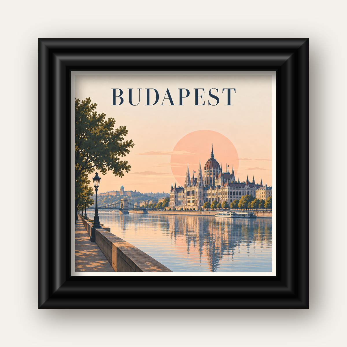 Budapeşte Şehir Manzarası Pastel Dijital Poster — siyah galeri çerçeveli