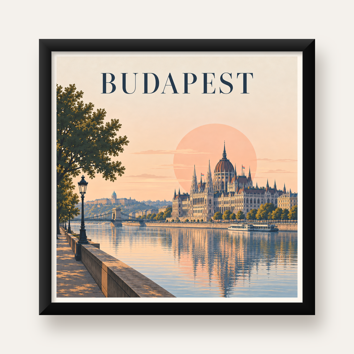 Budapeşte Şehir Manzarası Pastel Dijital Poster — Kare baskı, düz siyah çerçeveli duvar posteri