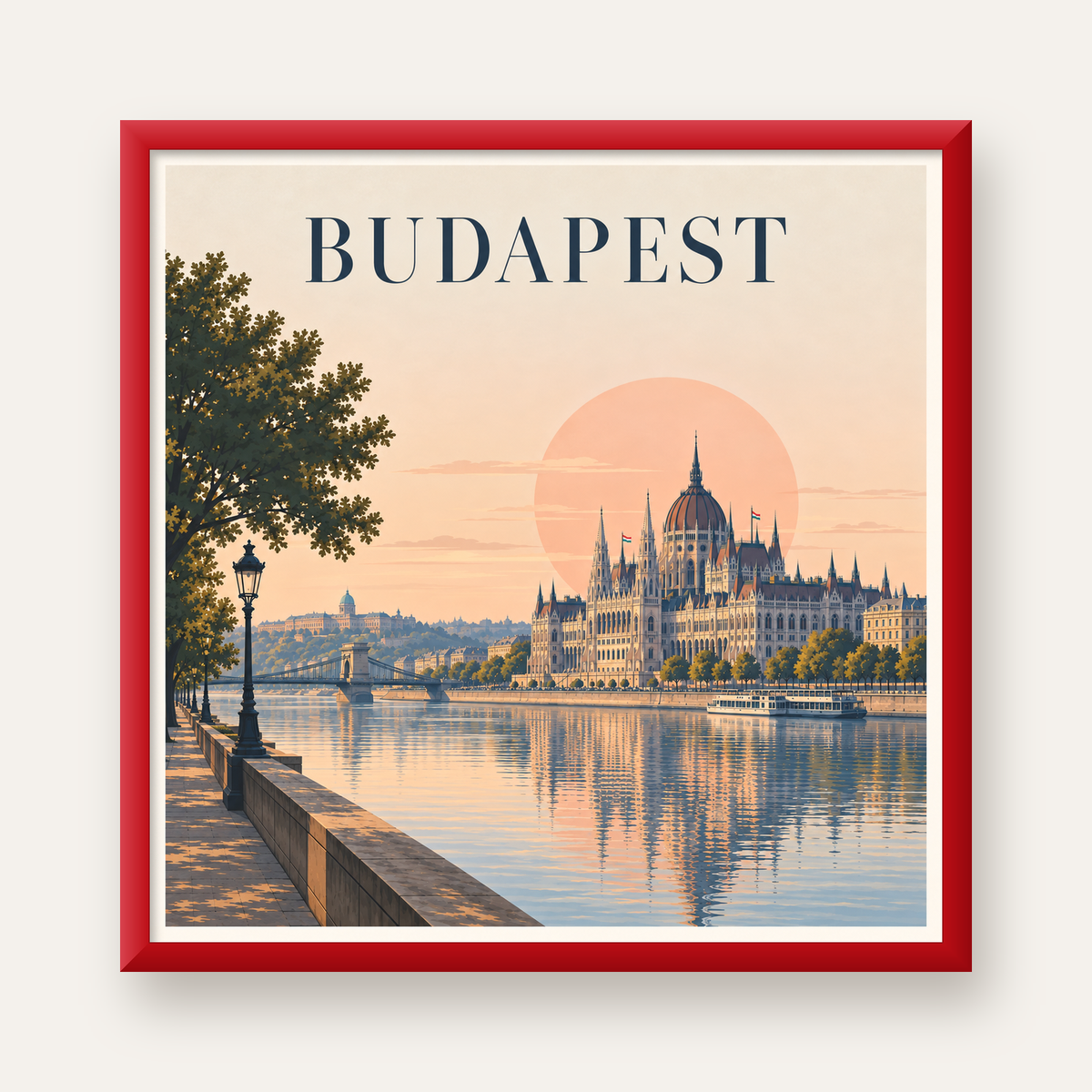 Budapeşte Şehir Manzarası Pastel Dijital Poster — kırmızı çerçeveli