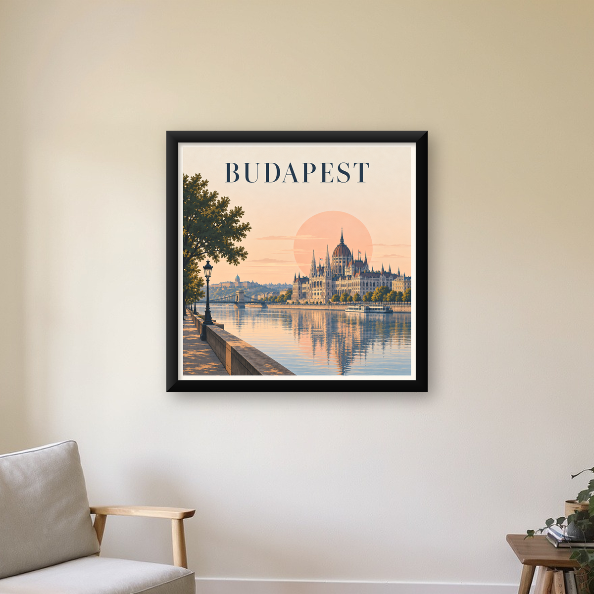 Budapeşte Şehir Manzarası Pastel Dijital Poster — Kare baskı, çerçeveli hâliyle bir ev duvarında
