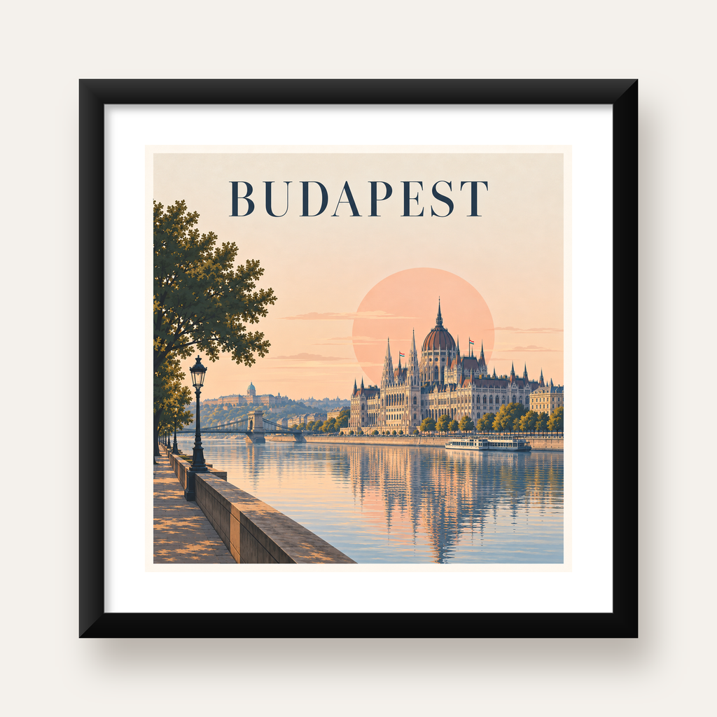 Budapeşte Şehir Manzarası Pastel Dijital Poster — Kare baskı, beyaz paspartulu