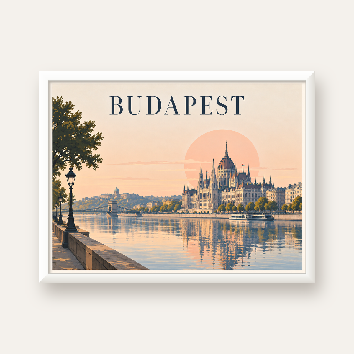 Budapeşte Şehir Manzarası Pastel Dijital Poster — beyaz çerçeveli yatay poster