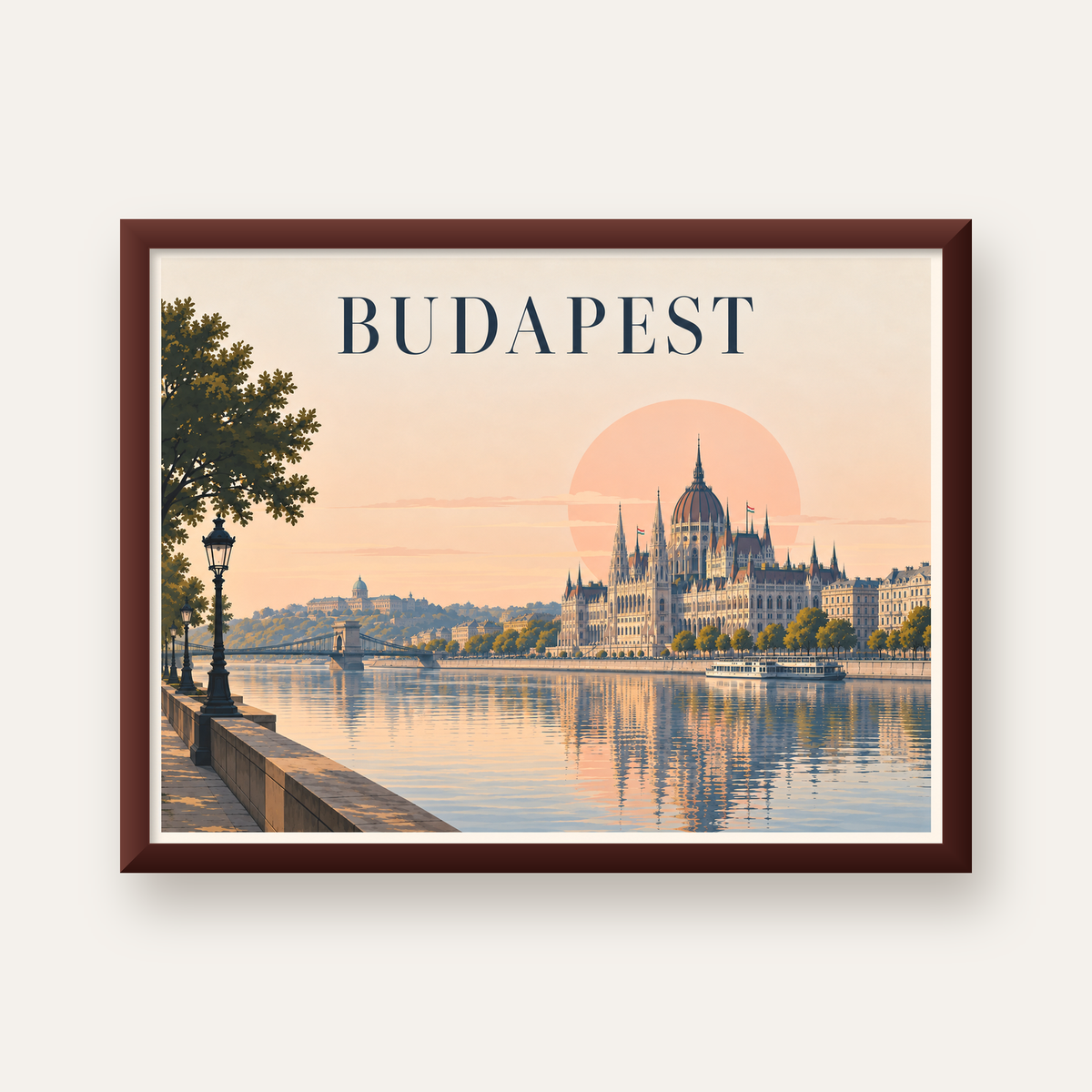 Budapeşte Şehir Manzarası Pastel Dijital Poster — ceviz çerçeveli