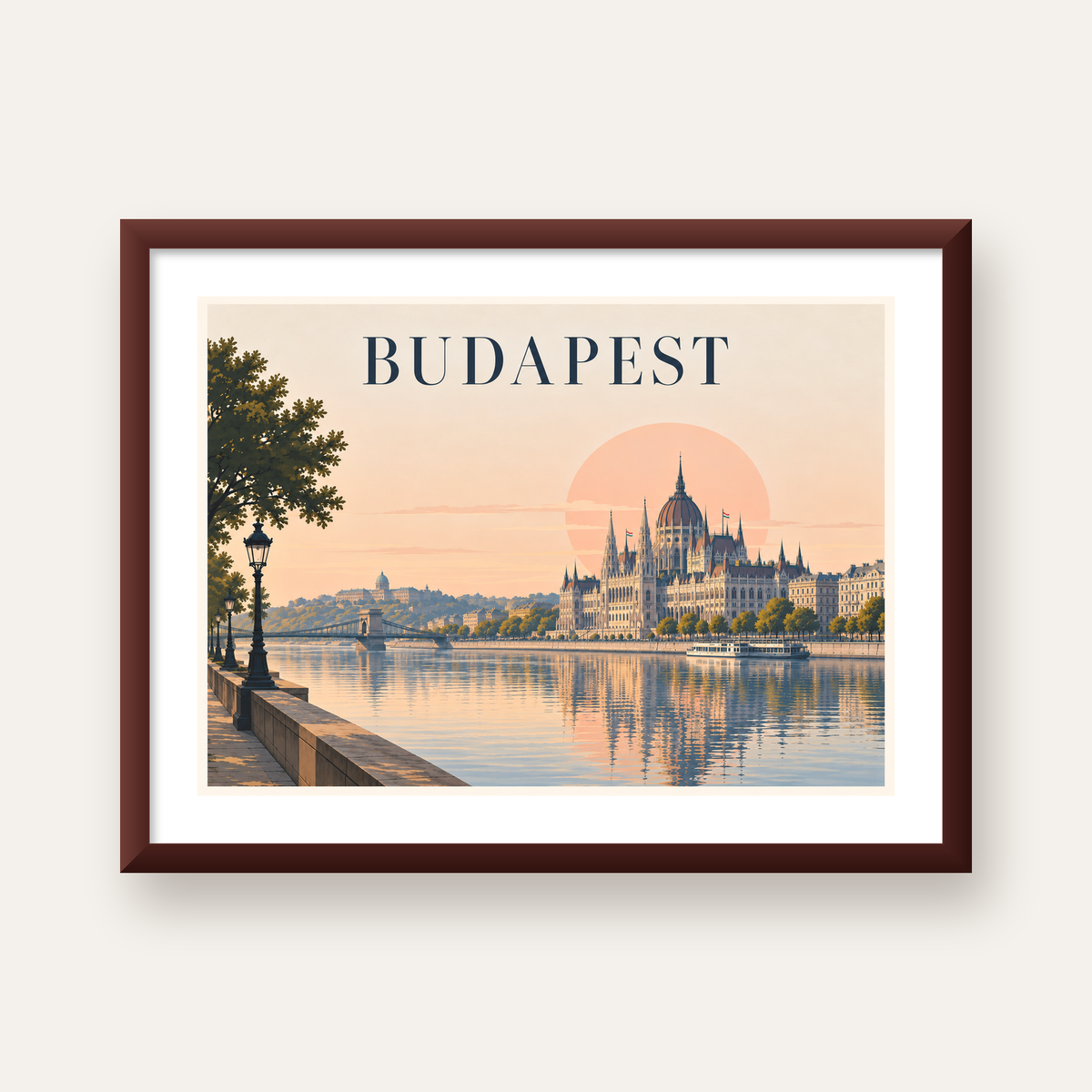 Budapeşte Şehir Manzarası Pastel Dijital Poster — ceviz çerçeveli paspartulu