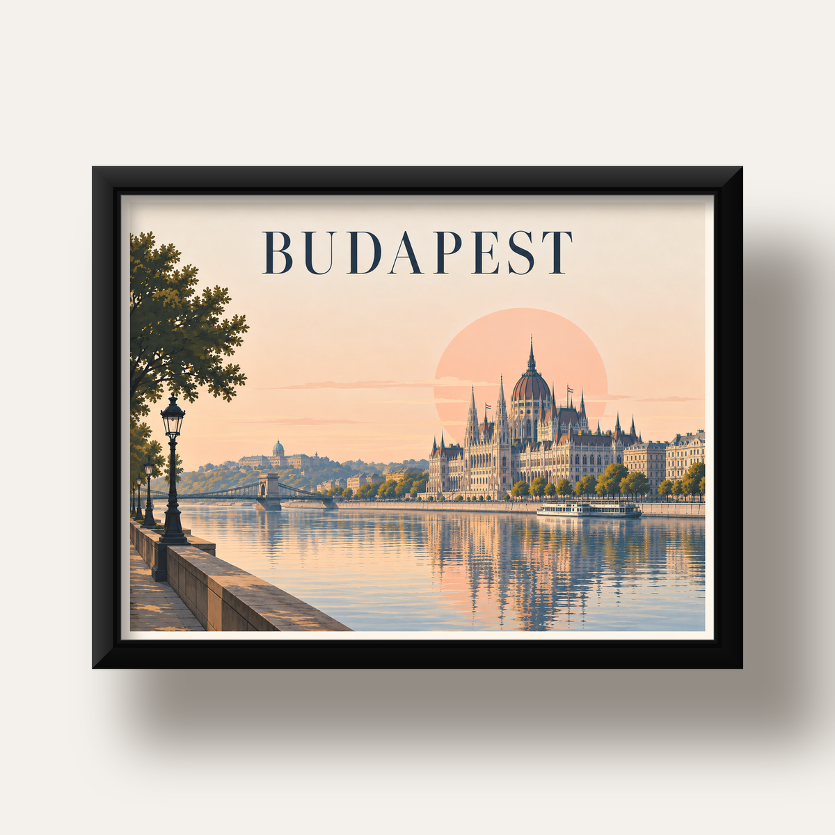Budapeşte Şehir Manzarası Pastel Dijital Poster — siyah derin çerçeveli
