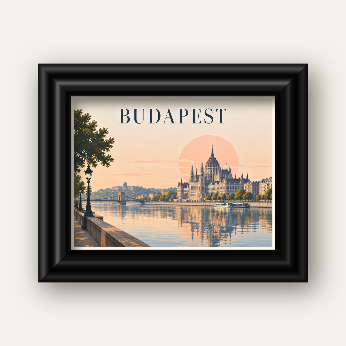 Budapeşte Şehir Manzarası Pastel Dijital Poster — siyah galeri çerçeveli
