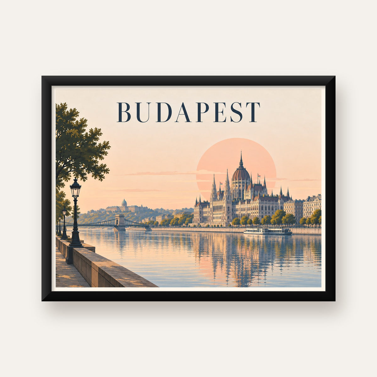 Budapeşte Şehir Manzarası Pastel Dijital Poster — Yatay baskı, düz siyah çerçeveli duvar posteri