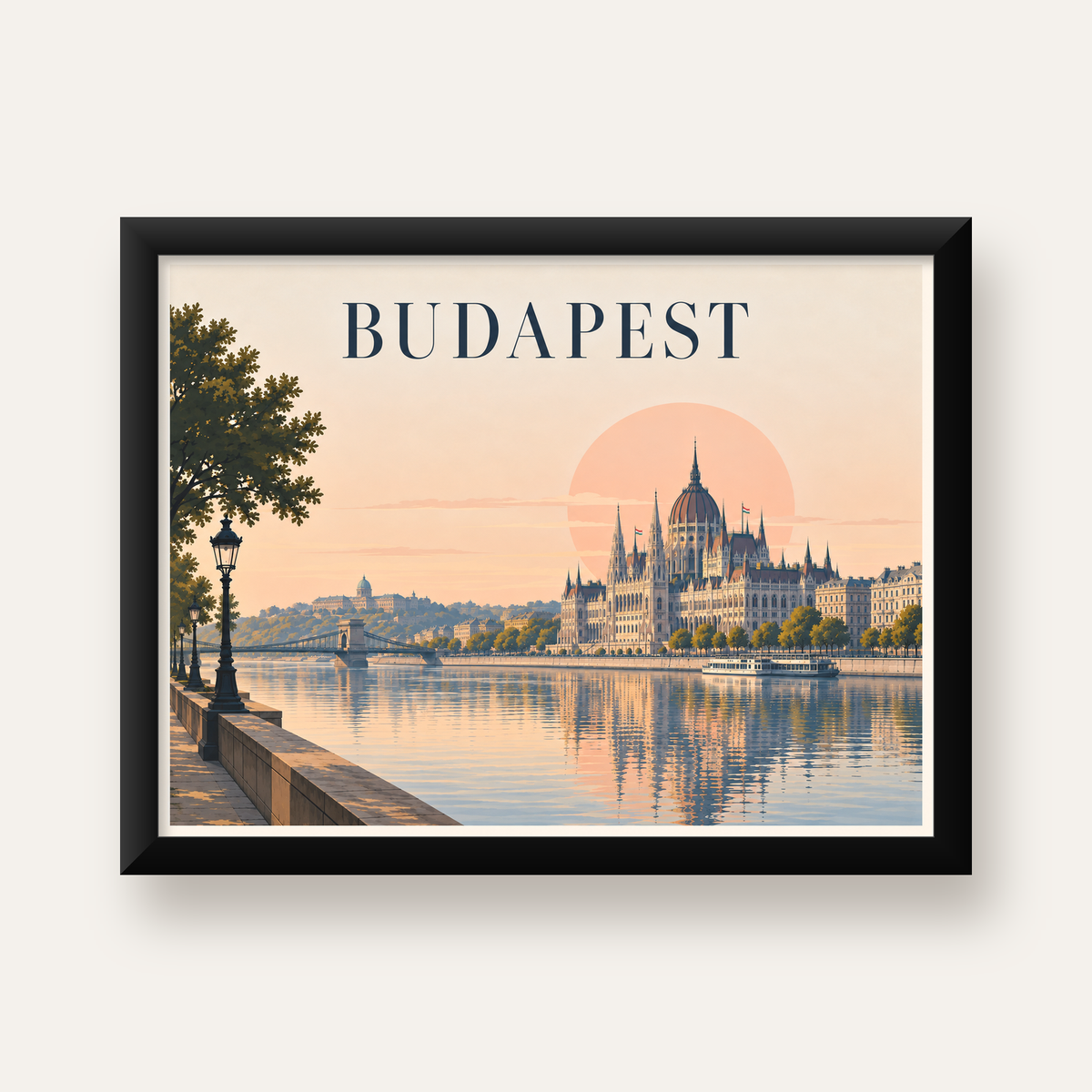 Budapeşte Şehir Manzarası Pastel Dijital Poster — Yatay baskı, düz siyah çerçeveli duvar posteri