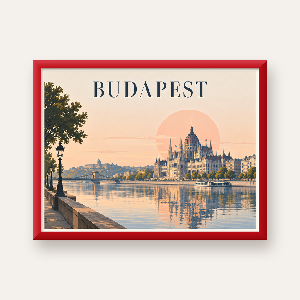 Budapeşte Şehir Manzarası Pastel Dijital Poster — kırmızı çerçeveli