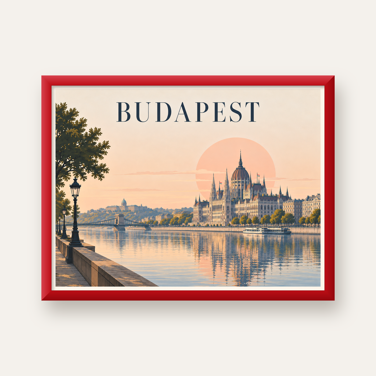 Budapeşte Şehir Manzarası Pastel Dijital Poster — kırmızı çerçeveli