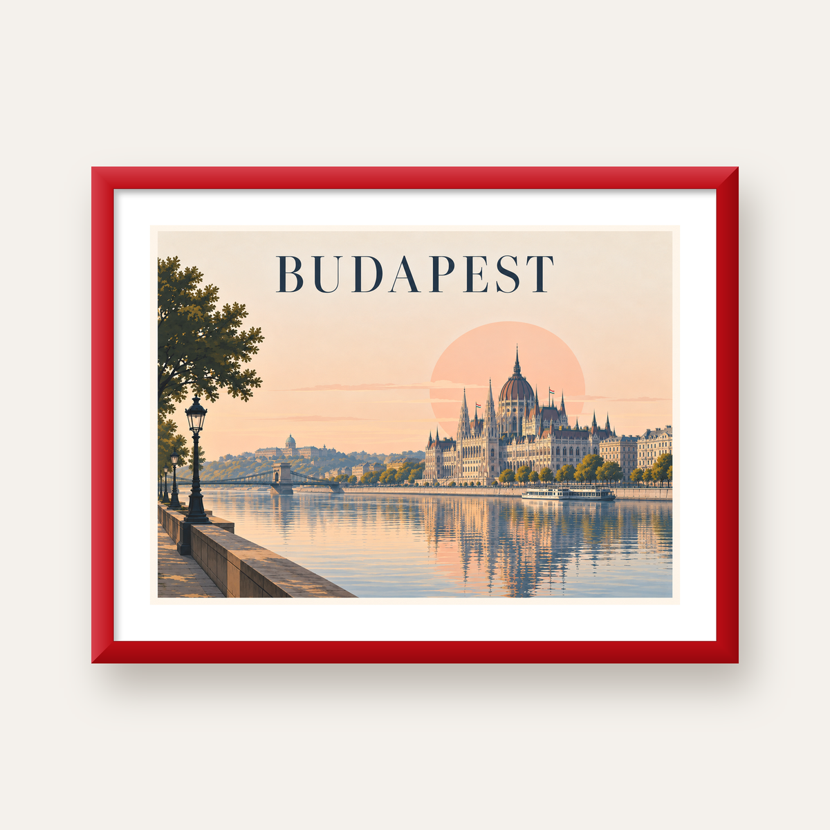 Budapeşte Şehir Manzarası Pastel Dijital Poster — kırmızı çerçeveli paspartulu