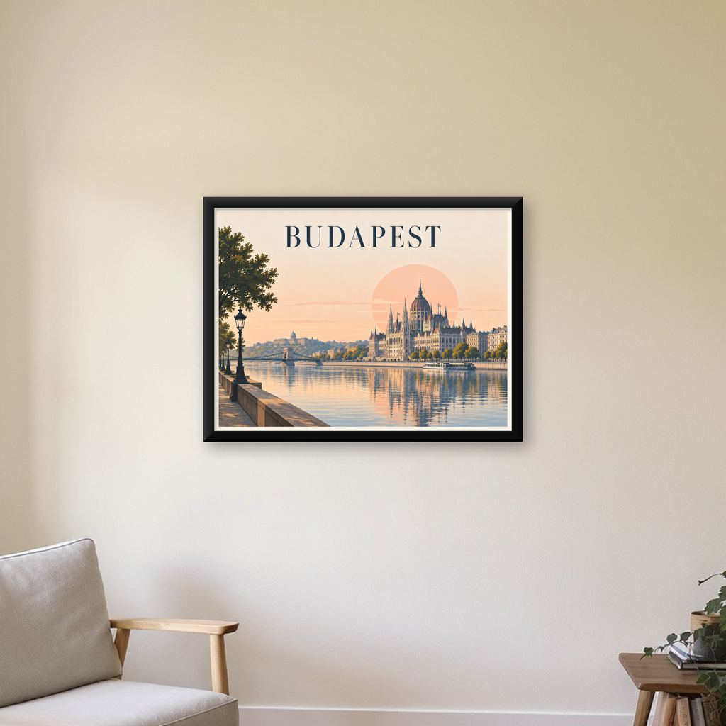 Budapeşte Şehir Manzarası Pastel Dijital Poster — Yatay baskı, çerçeveli hâliyle bir ev duvarında