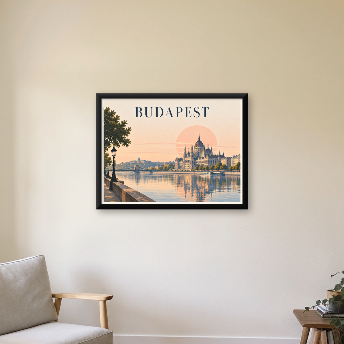 Budapeşte Şehir Manzarası Pastel Dijital Poster — Yatay baskı, çerçeveli hâliyle bir ev duvarında