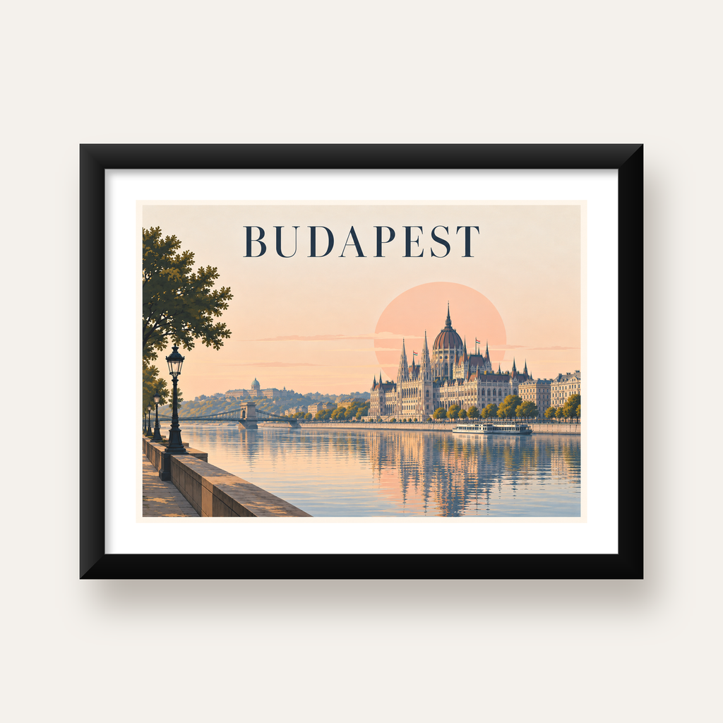 Budapeşte Şehir Manzarası Pastel Dijital Poster — Yatay baskı, beyaz paspartulu