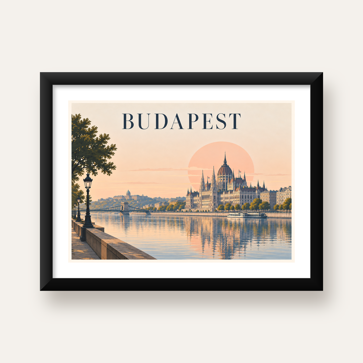 Budapeşte Şehir Manzarası Pastel Dijital Poster — Yatay baskı, beyaz paspartulu