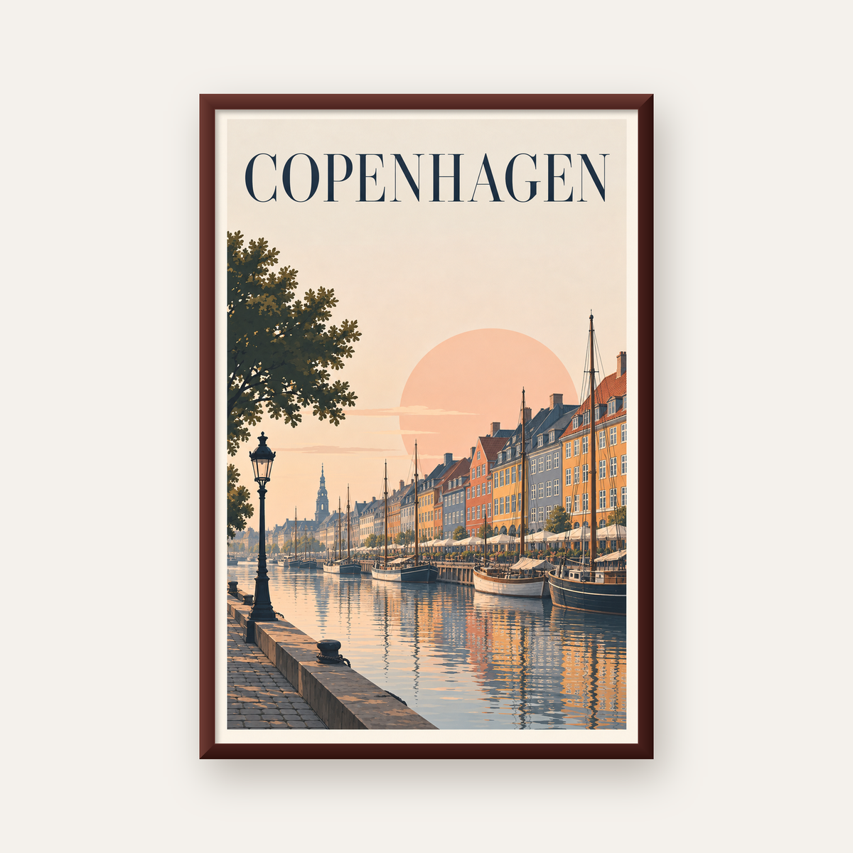 Kopenhag Şehir Manzarası Poster – Pastel Akşam Atmosferi — ceviz çerçeveli