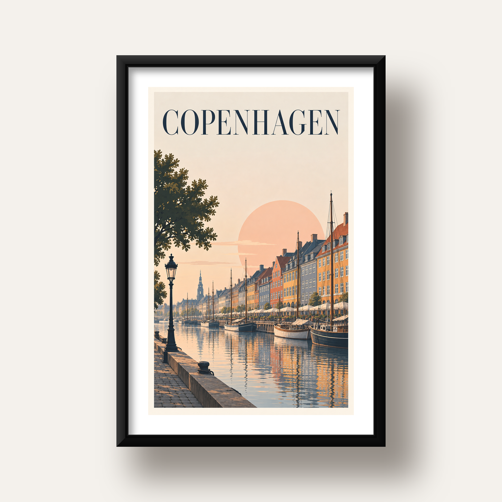 Kopenhag Şehir Manzarası Poster – Pastel Akşam Atmosferi — siyah derin çerçeveli paspartulu
