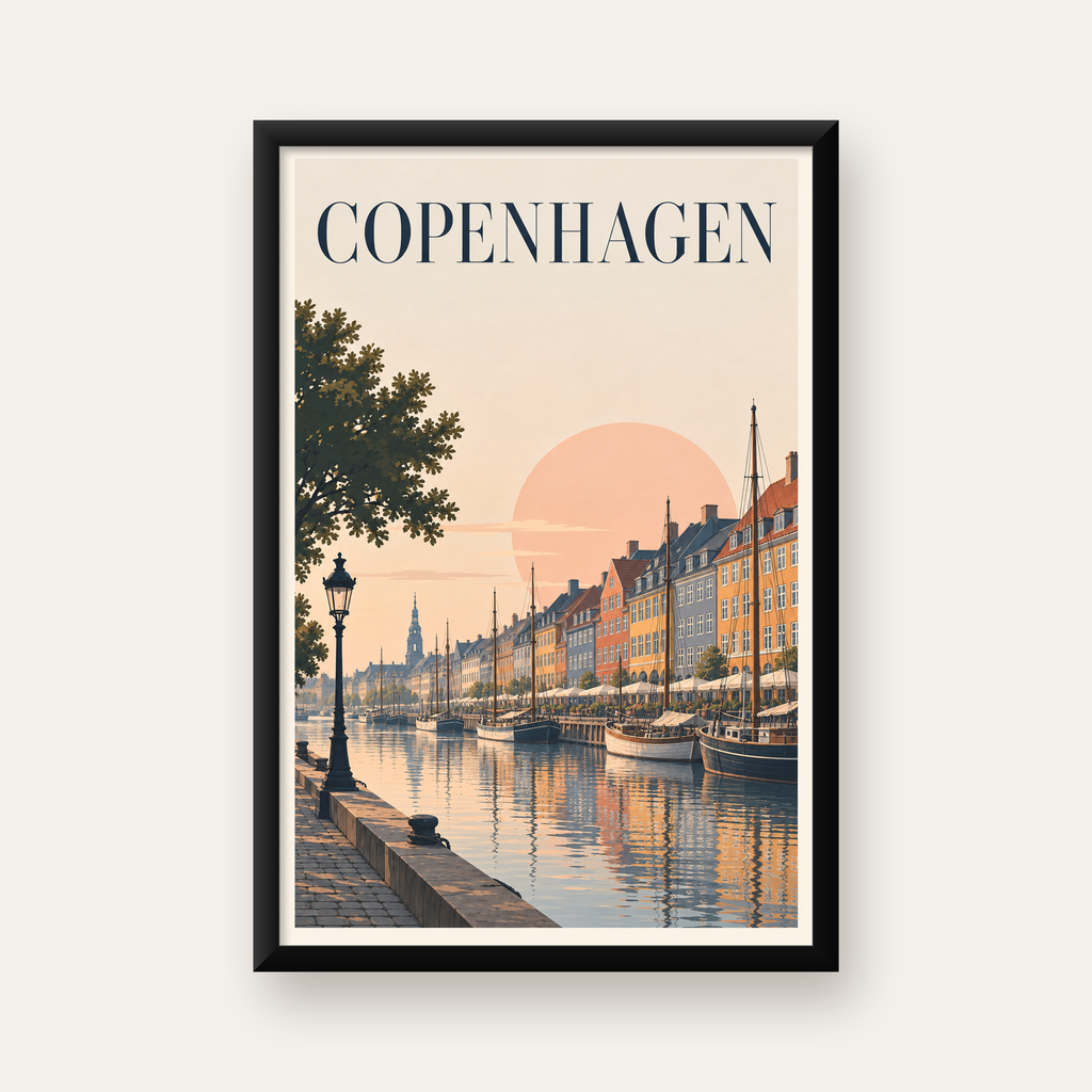 Kopenhag Şehir Manzarası Poster – Pastel Akşam Atmosferi — Dikey baskı, düz siyah çerçeveli duvar posteri
