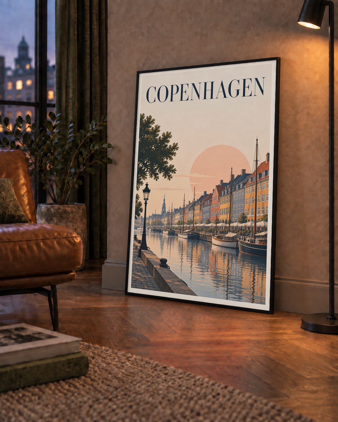 Kopenhag Şehir Manzarası Poster – Pastel Akşam Atmosferi — çerçeveli hâliyle bir ev duvarında