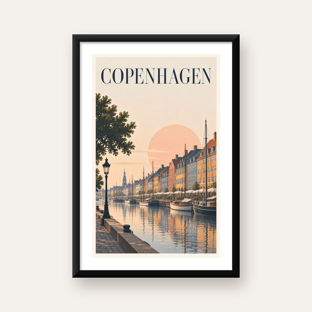 Kopenhag Şehir Manzarası Poster – Pastel Akşam Atmosferi — Dikey baskı, beyaz paspartulu