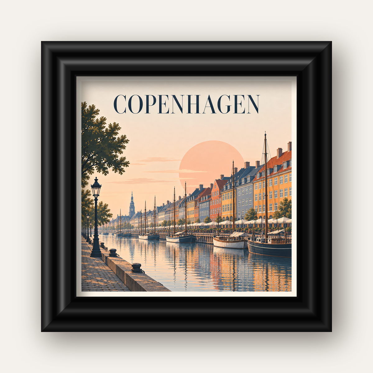 Kopenhag Şehir Manzarası Poster – Pastel Akşam Atmosferi — siyah galeri çerçeveli