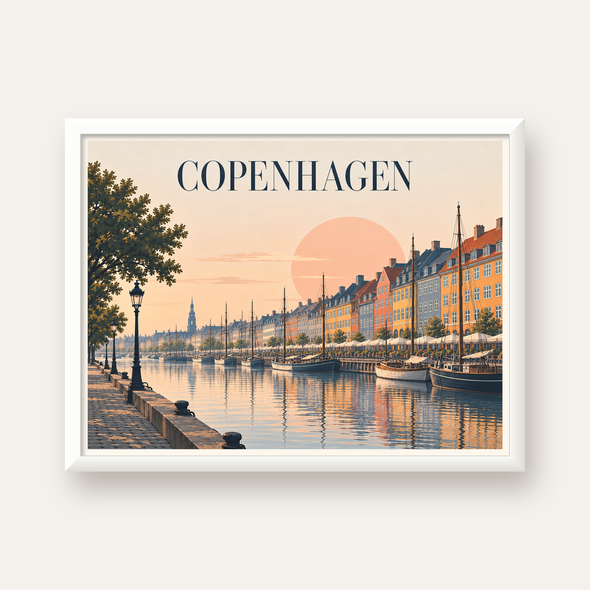 Kopenhag Şehir Manzarası Poster – Pastel Akşam Atmosferi — beyaz çerçeveli yatay poster