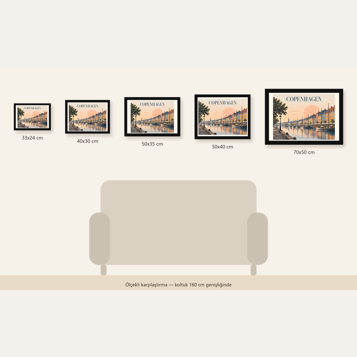 Kopenhag Şehir Manzarası Poster – Pastel Akşam Atmosferi — Yatay ölçülerinin karşılaştırması