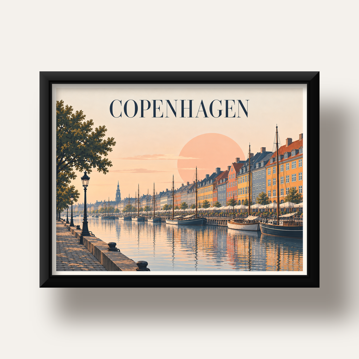 Kopenhag Şehir Manzarası Poster – Pastel Akşam Atmosferi — siyah derin çerçeveli