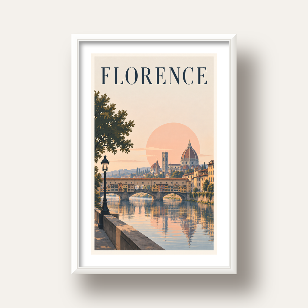 Floransa Şehir Manzarası Günbatımı Poster - Modern Duvar Dekoru — beyaz derin çerçeveli paspartulu