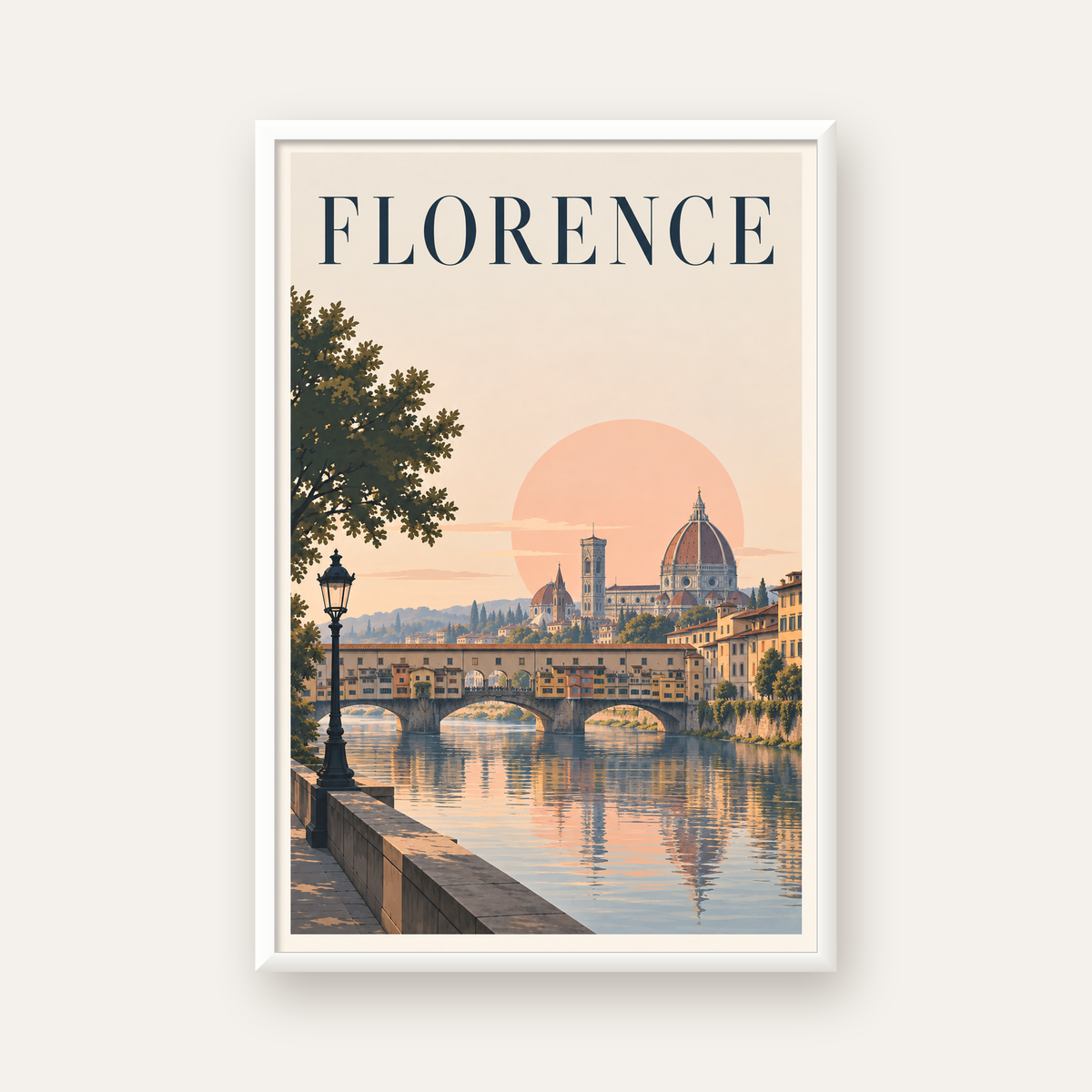 Floransa Şehir Manzarası Günbatımı Poster - Modern Duvar Dekoru — beyaz çerçeveli dikey poster