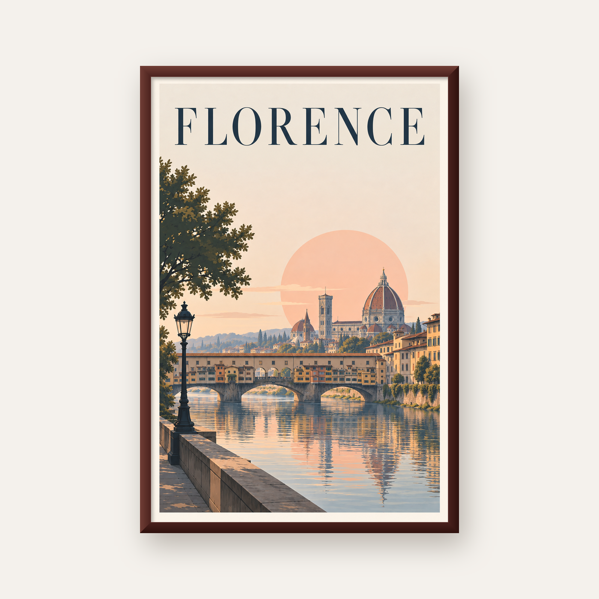 Floransa Şehir Manzarası Günbatımı Poster - Modern Duvar Dekoru — ceviz çerçeveli
