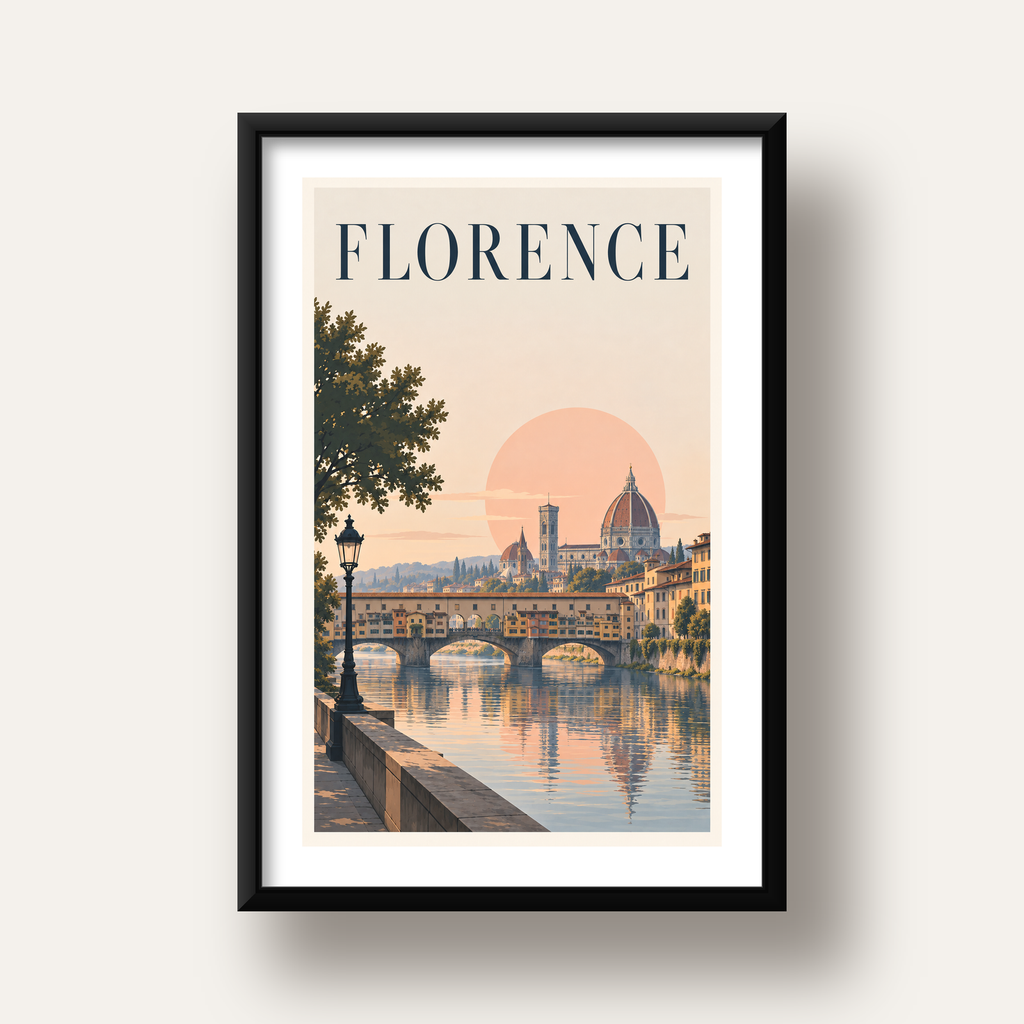Floransa Şehir Manzarası Günbatımı Poster - Modern Duvar Dekoru — siyah derin çerçeveli paspartulu