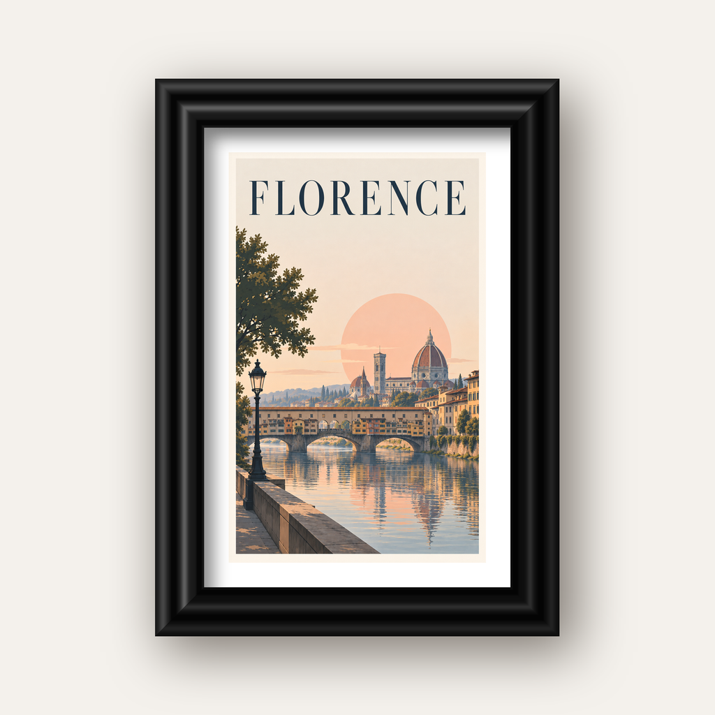 Floransa Şehir Manzarası Günbatımı Poster - Modern Duvar Dekoru — siyah galeri çerçeveli paspartulu