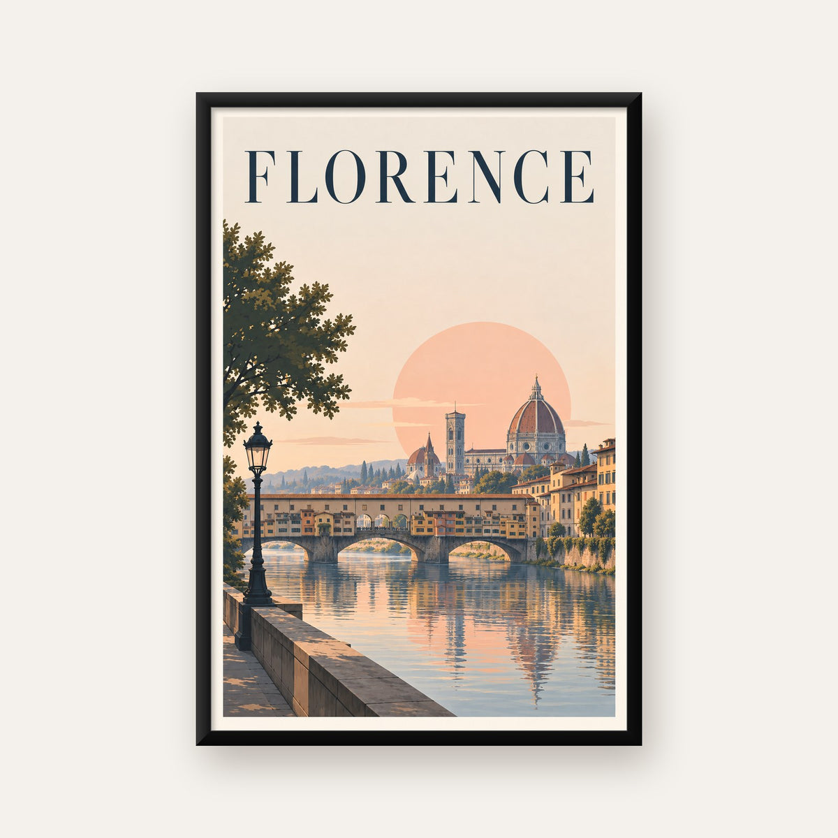 Floransa Şehir Manzarası Günbatımı Poster - Modern Duvar Dekoru — Dikey baskı, düz siyah çerçeveli duvar posteri