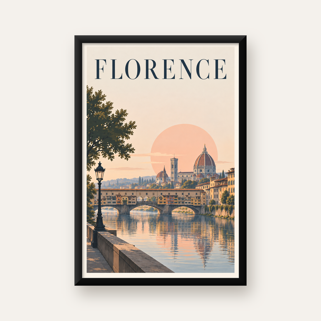 Floransa Şehir Manzarası Günbatımı Poster - Modern Duvar Dekoru — Dikey baskı, düz siyah çerçeveli duvar posteri
