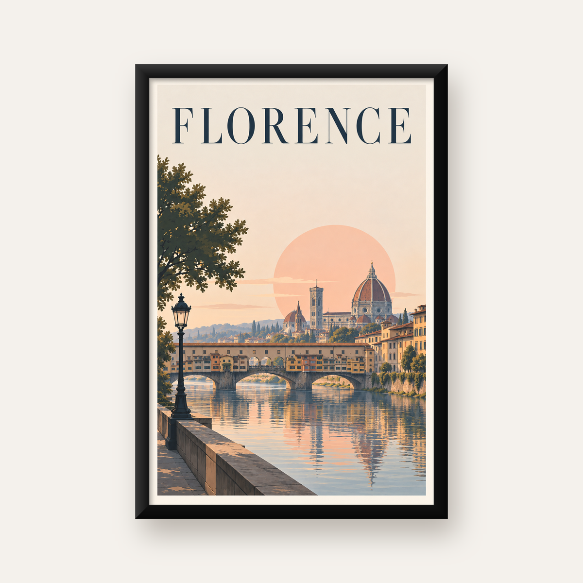 Floransa Şehir Manzarası Günbatımı Poster - Modern Duvar Dekoru — Dikey baskı, düz siyah çerçeveli duvar posteri