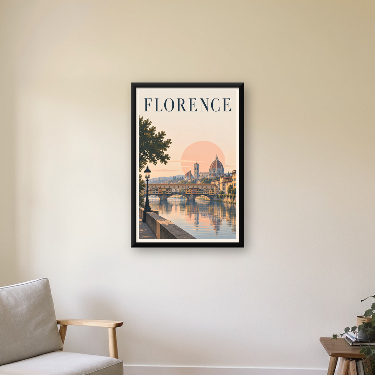 Floransa Şehir Manzarası Günbatımı Poster - Modern Duvar Dekoru — Dikey baskı, çerçeveli hâliyle bir ev duvarında