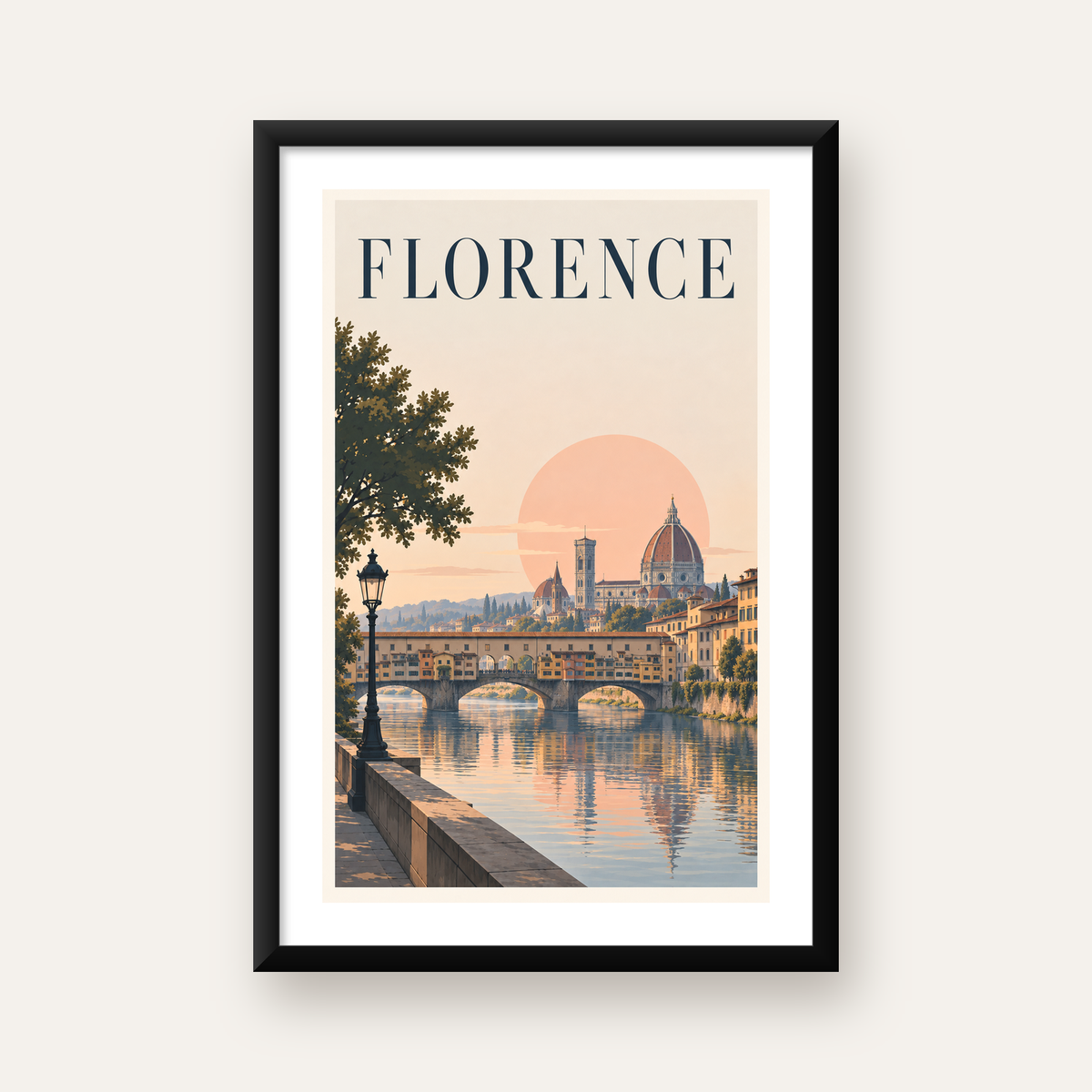 Floransa Şehir Manzarası Günbatımı Poster - Modern Duvar Dekoru — Dikey baskı, beyaz paspartulu
