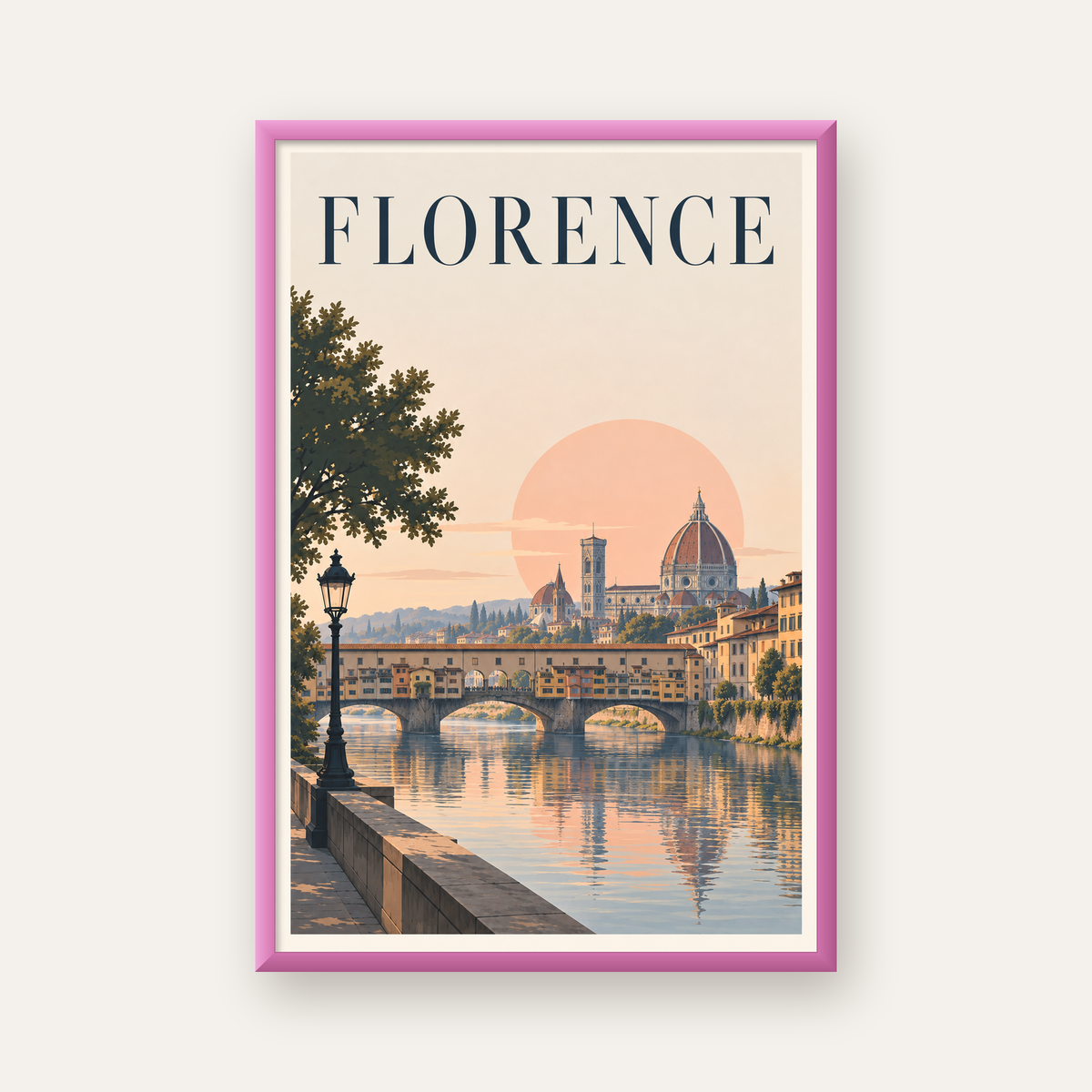 Floransa Şehir Manzarası Günbatımı Poster - Modern Duvar Dekoru — pembe çerçeveli