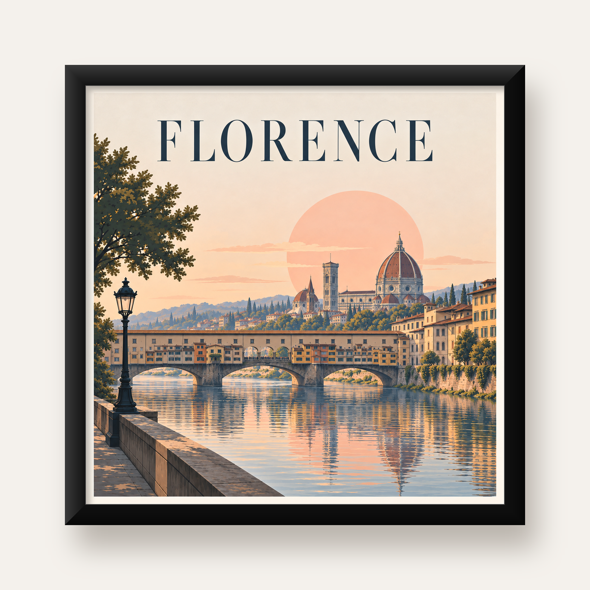 Floransa Şehir Manzarası Günbatımı Poster - Modern Duvar Dekoru — Kare baskı, düz siyah çerçeveli duvar posteri