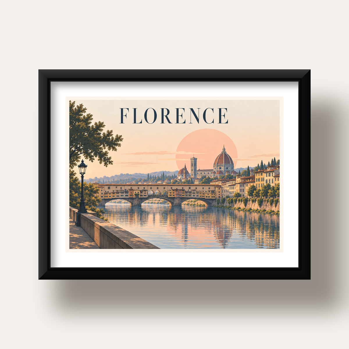 Floransa Şehir Manzarası Günbatımı Poster - Modern Duvar Dekoru — siyah derin çerçeveli paspartulu