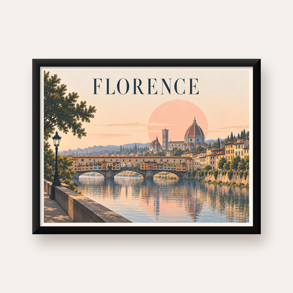 Floransa Şehir Manzarası Günbatımı Poster - Modern Duvar Dekoru — Yatay baskı, düz siyah çerçeveli duvar posteri