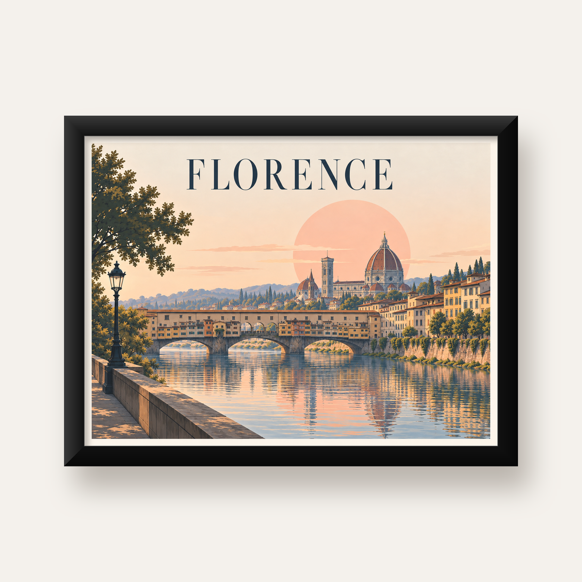 Floransa Şehir Manzarası Günbatımı Poster - Modern Duvar Dekoru — Yatay baskı, düz siyah çerçeveli duvar posteri