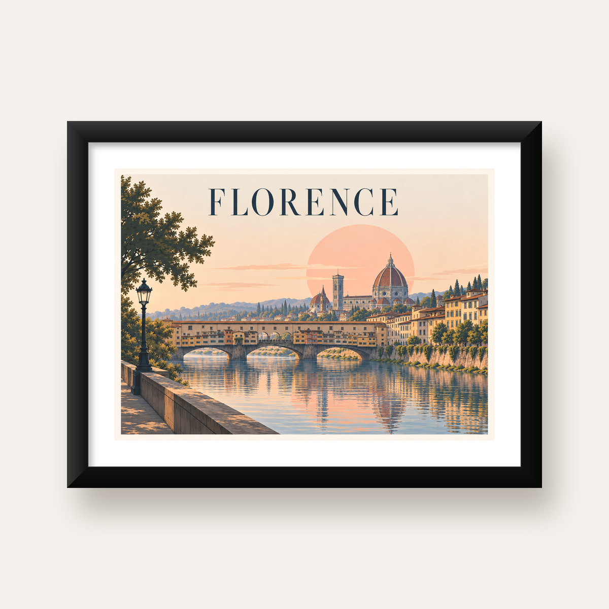Floransa Şehir Manzarası Günbatımı Poster - Modern Duvar Dekoru — Yatay baskı, beyaz paspartulu