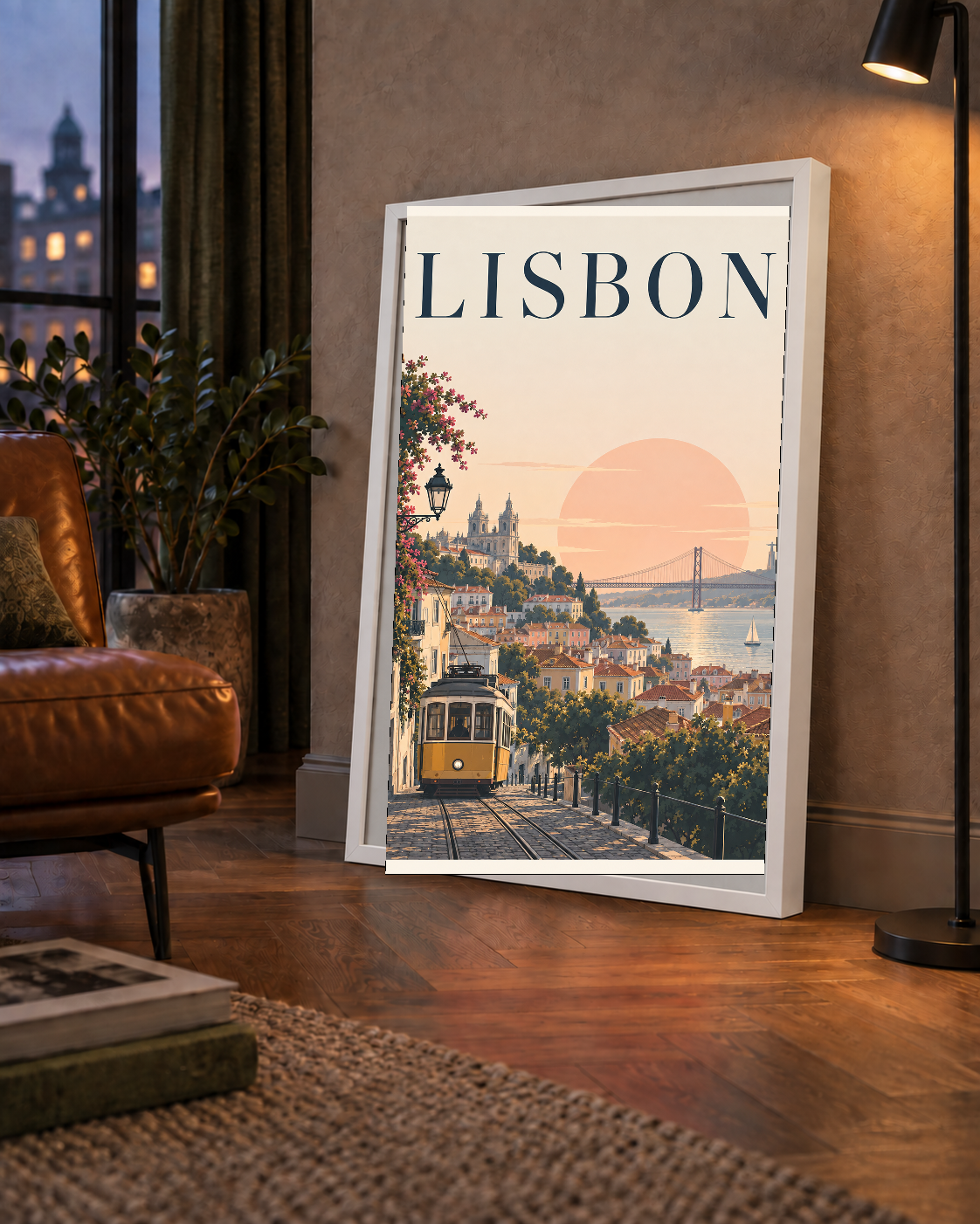 Lizbon Şehir Manzaralı Renkli Romantik Tramvay Poster