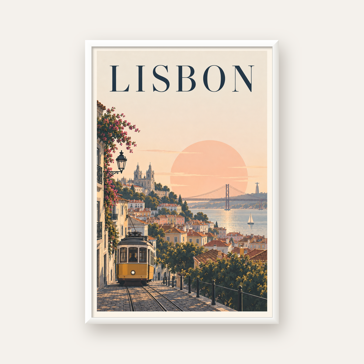 Lizbon Şehir Manzaralı Renkli Romantik Tramvay Poster — beyaz çerçeveli dikey poster