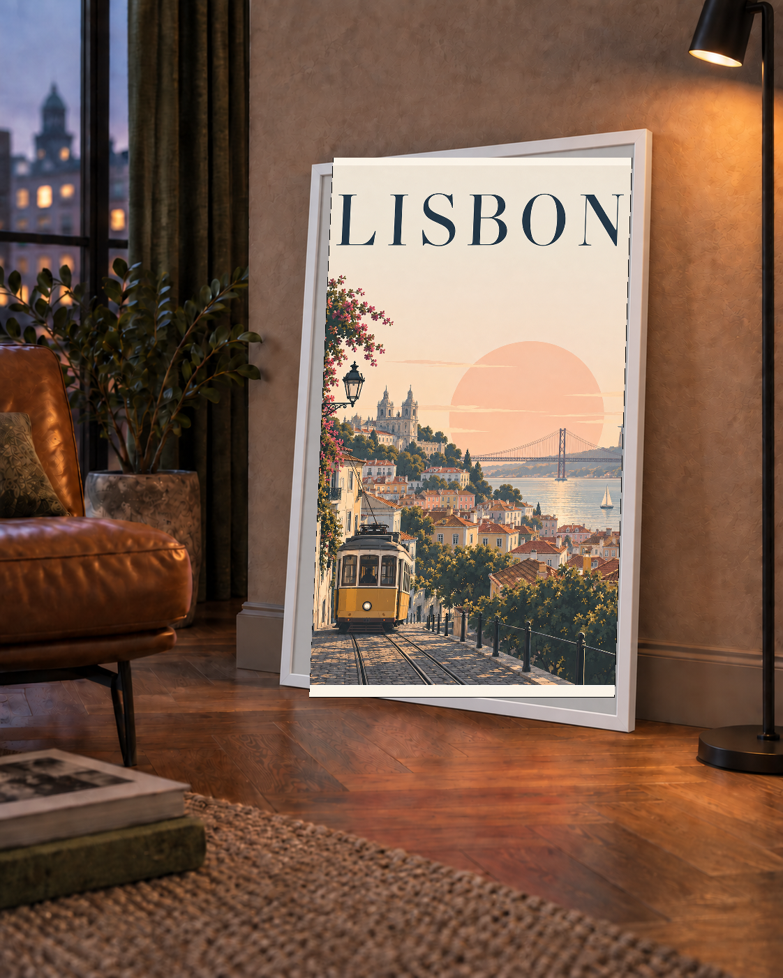 Lizbon Şehir Manzaralı Renkli Romantik Tramvay Poster