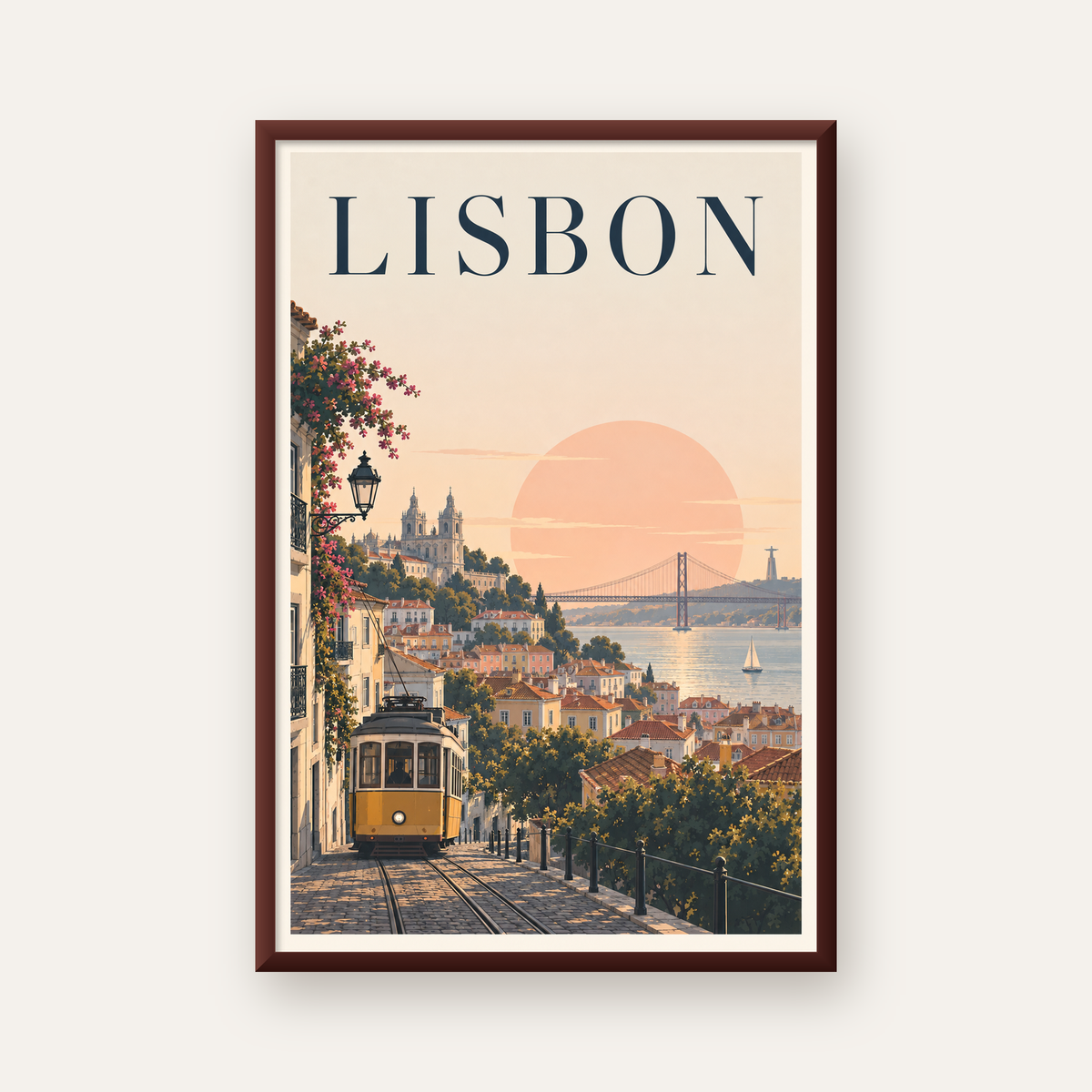 Lizbon Şehir Manzaralı Renkli Romantik Tramvay Poster — ceviz çerçeveli