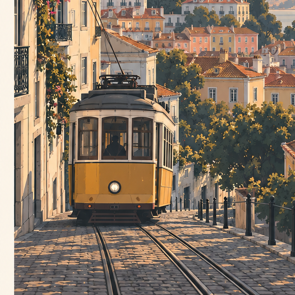 Lizbon Şehir Manzaralı Renkli Romantik Tramvay Poster — baskının yakın çekimi, kâğıt dokusu ve renk detayı