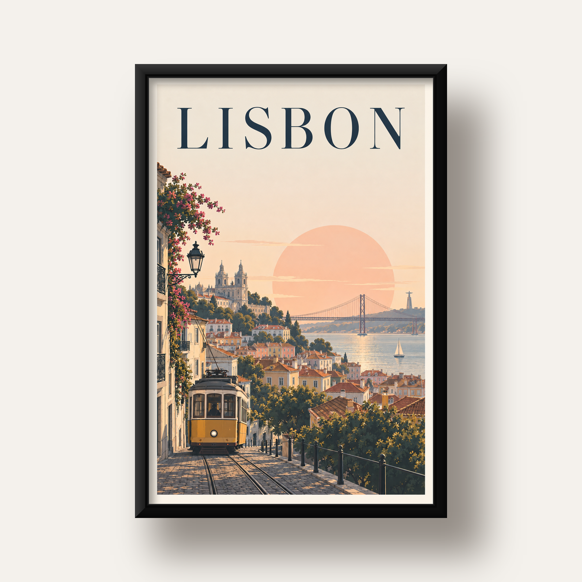 Lizbon Şehir Manzaralı Renkli Romantik Tramvay Poster — siyah derin çerçeveli
